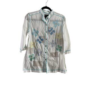 Sharon Anthony Women Sz M White/Blue Embroidered Rhinestone 3/4 Sleeve Blouse